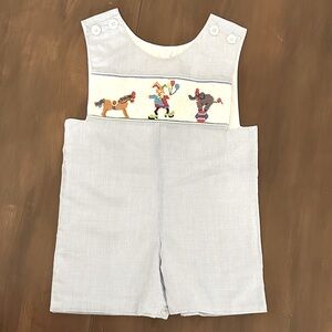 Adorable Blue Gingham Infant / Children's Romper with Circus Embroidery